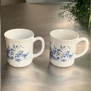 Vintage Arcopal France Kalinka Blue Floral White Milk Glass Mugs - Set of 2